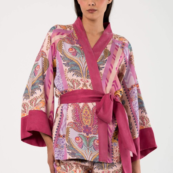 Rosea Kısa Kimono Pembe Çizgisel Desen