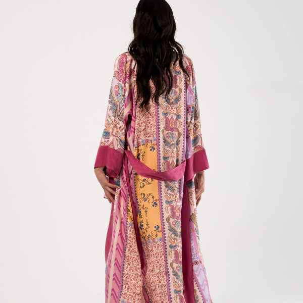 Rosea Uzun Kimono Pembe Çizgisel Desen