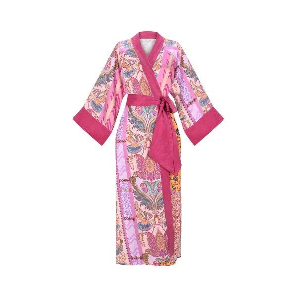 Rosea Uzun Kimono Pembe Çizgisel Desen