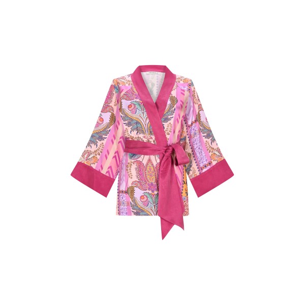 Rosea Kısa Kimono Pembe Çizgisel Desen